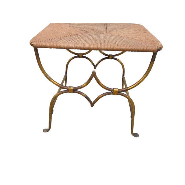 Antique Italian Regency Foot Stool Bench Gold Gilt Wrought Iron Rush Seat For Sale - Image 4 of 12