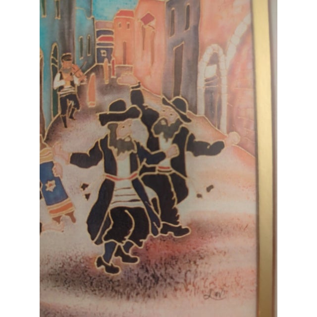 Late 20th Century Painting on Silk Signed by Lavi Zion "Simhat Torah Dancing Hassidim" 8.25"x6.25" For Sale - Image 4 of 17