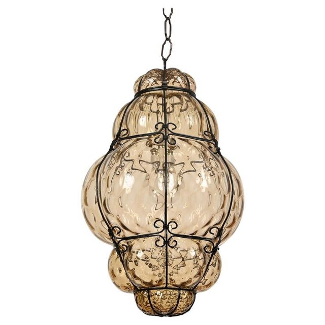 Large Mouth-Blown Murano Amber Glass and Iron Lantern Pendant Light from Seguso, Italy, 1940 For Sale - Image 18 of 18