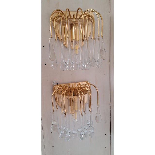 Vintage Wall Lamps with Gold-Plated Brass Brackets and Crystal Glass Drop Pendants, 1970s, Set of 2, in Very Good...