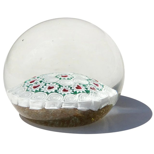 Fratelli Toso Vintage Murano Fratelli Toso Millefiori Heart Flower Mosaic Aventurine Italian Art Glass Paperweight For Sale - Image 4 of 6