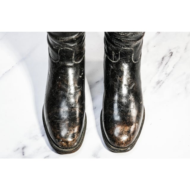 19th Century Stately Antique English Black Leather Horse Riding Boots With Wood Trees Equestrian Country Home Decor For Sale - Image 5 of 12