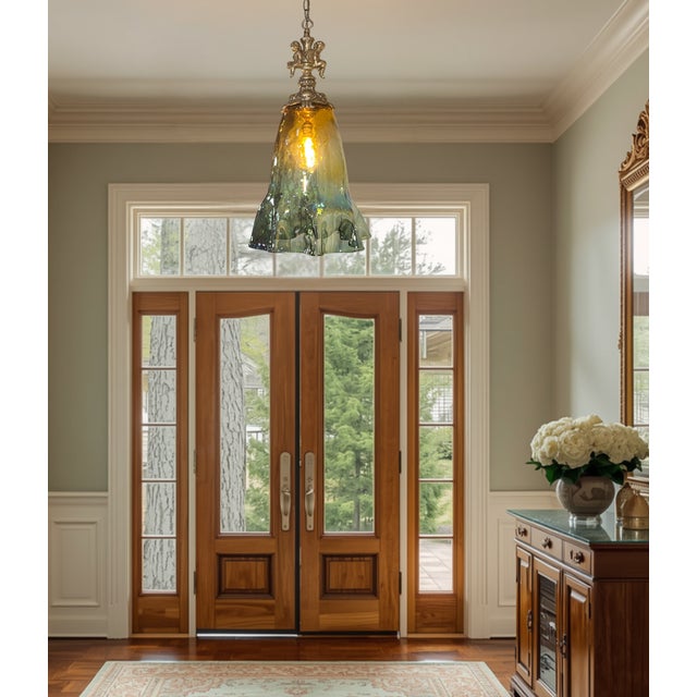 Large Art Glass Fazzoletto Green Amber Cherub Pendant Light For Sale - Image 15 of 18