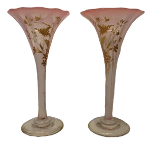 French Art Nouveau Gold Enameled Art Glass Trumpet Vases, Set of 2