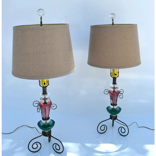 Set, Van Teal Green & Pink Lucite Table Lamps Gold Shades Mid-Century Modern 70 For Sale - Image 12 of 13