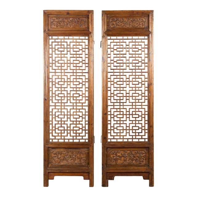 Chinese 19th Century Screens with Fretwork and Low-Relief Carved Panels - A Pair For Sale