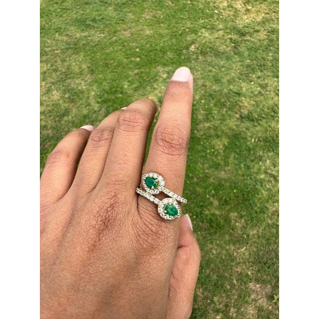 Natural Emerald Halo Diamond Bypass Ring in 18k Gold Size 7 For Sale - Image 4 of 10