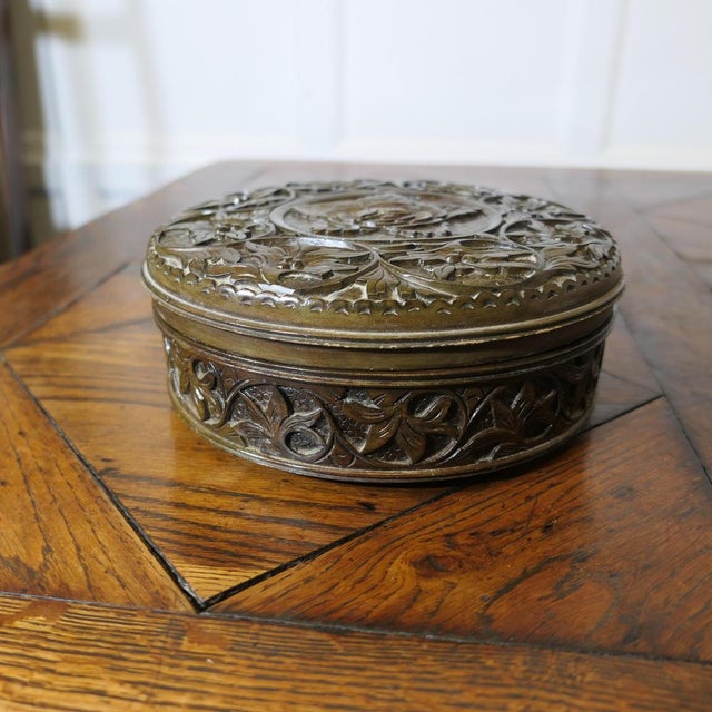 Round Walnut Box Carved with Roses, 1950s For Sale - Image 3 of 6