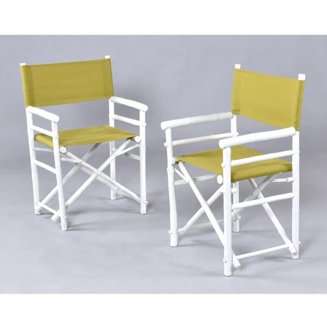 1980s Set of 4 Vintage White Rattan Bamboo Canvas Sling Folding Directors Chairs For Sale - Image 5 of 16