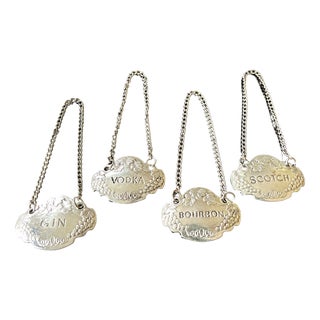 1990s Arthur Court Silver Tone Liquor Decanter Tags, Bourbon, Scotch, Vodka and Gin in Box - Set of 4 For Sale