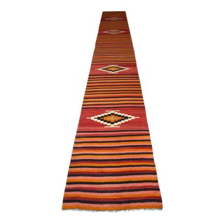 1970s Turkish Hand Woven Kilim Runner Rug - 2′8″ × 21′9″ For Sale