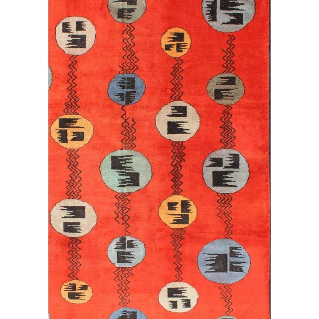 Art Deco Design Vintage Turkish Rug with Circular Motifs in Orange Red Colors. Keivan Woven Arts, En-141297, kwarugs....
