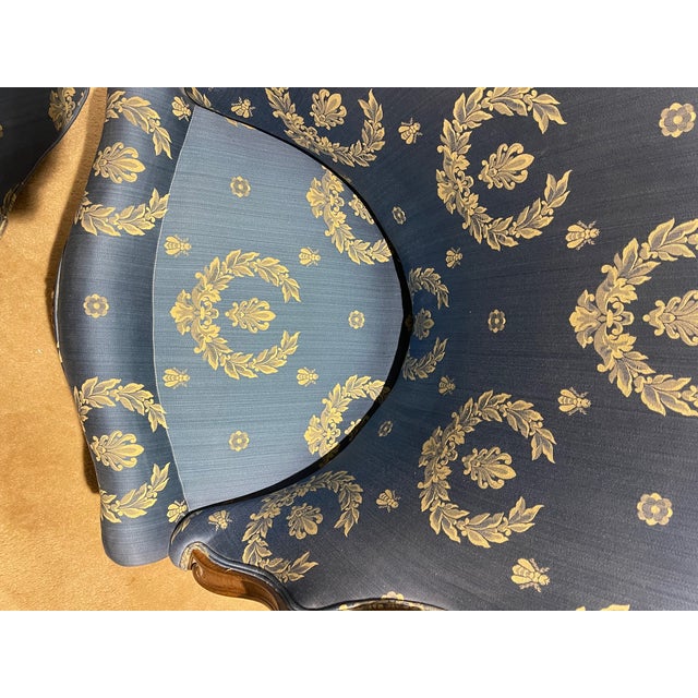Neoclassical Antique French Petite Bergere Covered in Neoclassical Design Fabric For Sale - Image 3 of 11