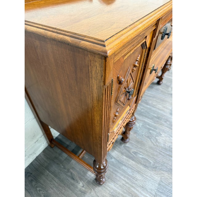 Early 20th Century Vintage American Jacobean Tudor Revival Walnut Buffet Sideboard Server For Sale - Image 5 of 16