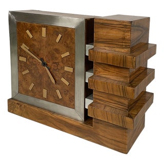Italian Art Deco Wooden and Metal Table Clock, 1930s For Sale