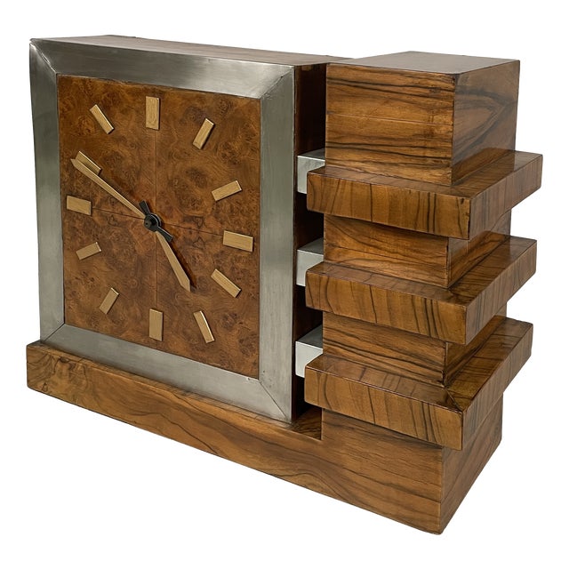 Italian Art Deco Wooden and Metal Table Clock, 1930s For Sale