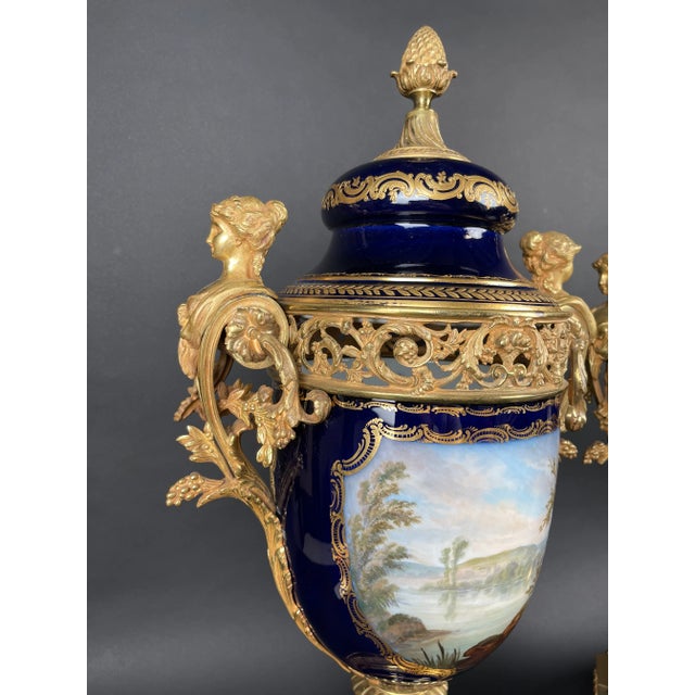19th Century Pair of French Ormolu Sevres Porcelain Urns For Sale - Image 13 of 15