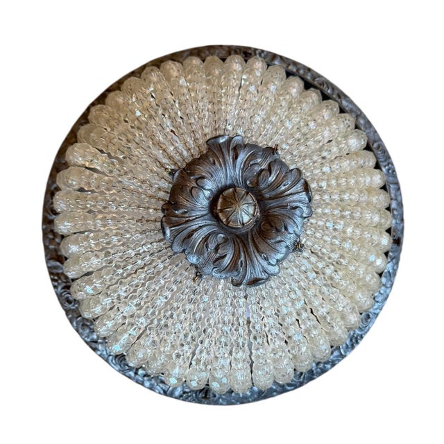 American Late 19th Century Large Crystal Beaded Ceiling Light With Original Botanical Spelter Holder For Sale - Image 3 of 6