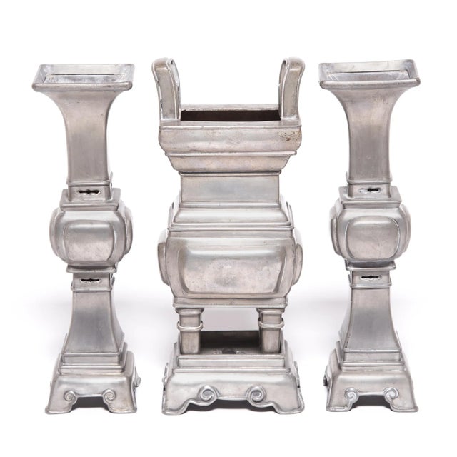 3 Piece Set of Chinese Gu Form Vases With a Tall Arched Handle Censer, C. 1900 For Sale - Image 13 of 13