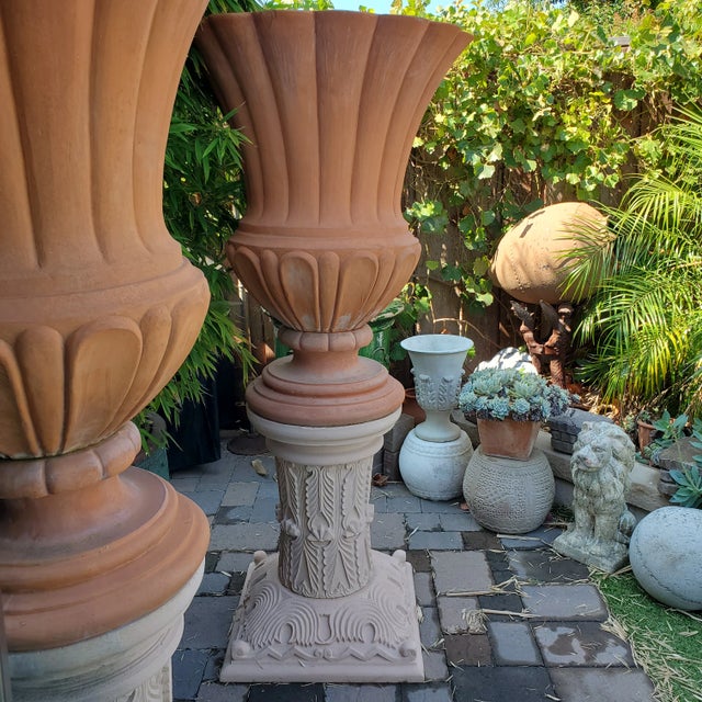 Stone Pair of Large Terracotta Italian Urns "Ref Impruneta " on Carved Jodhpur Sandstone Pedestals For Sale - Image 7 of 13