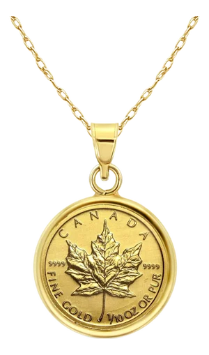 1/10OZ Fine Gold Canadian Maple Leaf Coin Necklace with Polished Bezel 16"