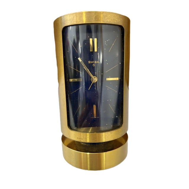 Blue Swiza Alarm Clock in Gold-Plated Brass and Lapis Lazuli, Swiss, 1960s For Sale - Image 8 of 11