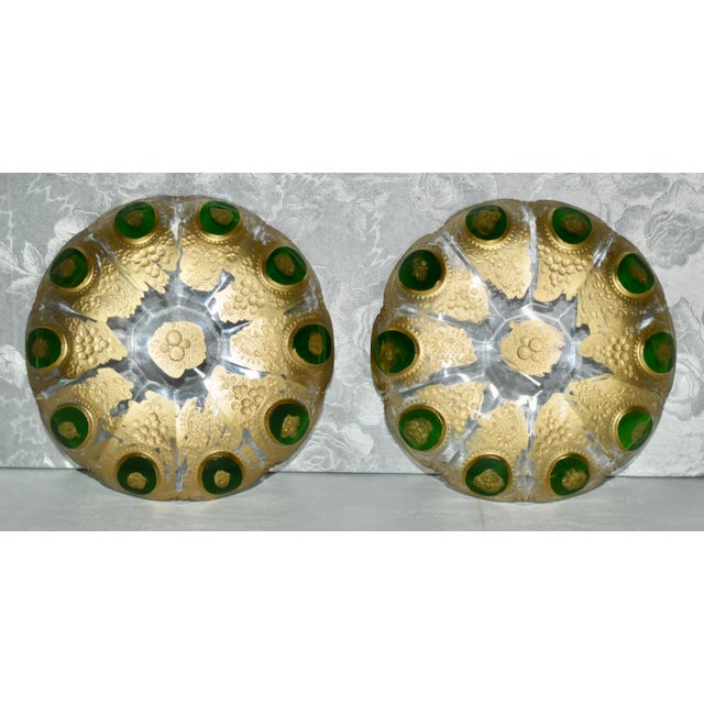 Art Nouveau Vintage Pair of Bohemian Moser Style Dishes Etched Emerald & Gold Glass For Sale - Image 3 of 12