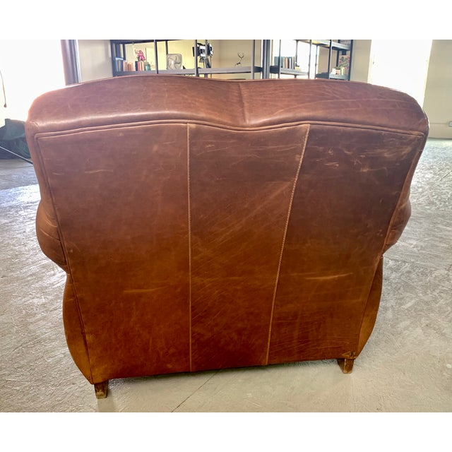 Brown Pair of Leather Club Chairs, French Art Deco-Style, Classic Distressed Brown Leather, "Mustache" Back For Sale - Image 8 of 13
