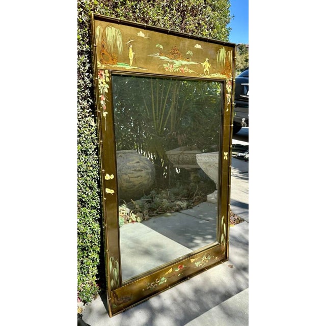 LaBarge Italian Chinoiserie Hand-Painted Brass Bamboo Framed Mirror, 1970s For Sale - Image 11 of 12