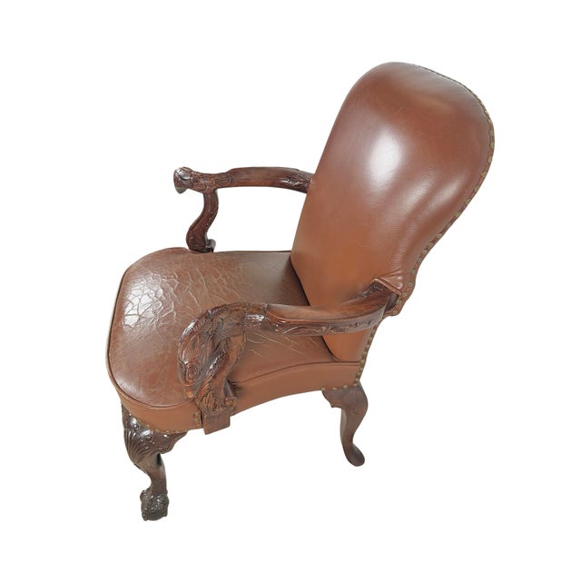 Maitland - Smith Vintage Maitland-Smith Carved Wood & Brown Leather Armchair For Sale - Image 4 of 18