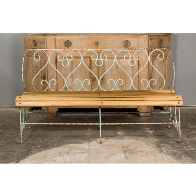 1920s French Rustic Iron Garden Bench with Scrolling Motifs and Slatted Seat For Sale In Atlanta - Image 6 of 12