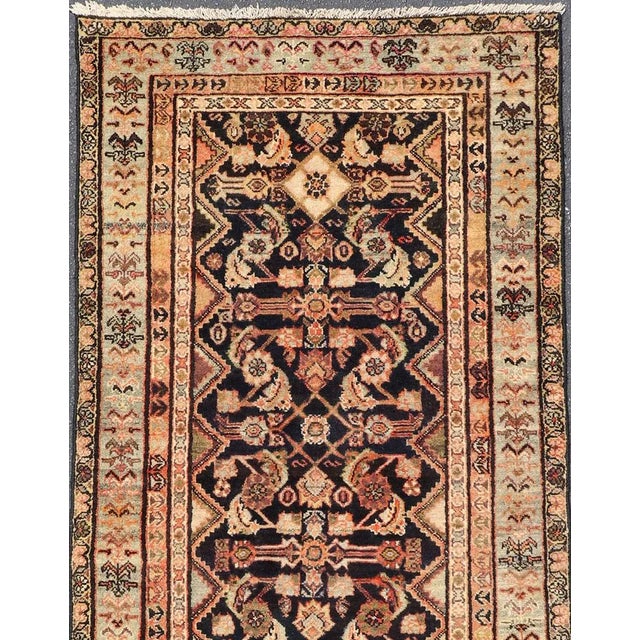 Antique Hand Knotted Persian Mahal Runner in Dark Background and Light Border For Sale - Image 4 of 12