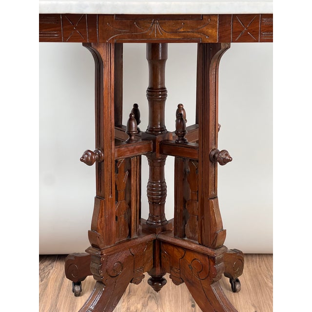 Late 19th Century Antique Walnut Eastlake Victorian Tetrapod Marble Top Table C. 1880 For Sale - Image 5 of 9