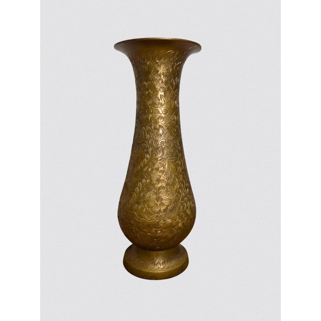 Vintage Anglo Indian Etched Brass Vase 10" Floral Engraved Baluster For Sale - Image 14 of 14