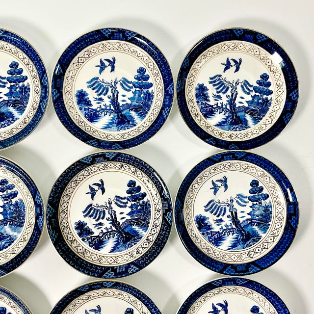 1940s Vintage Japanese Chinoiserie Hollywood Regency Blue Willow Small Plates - Set of 12 For Sale - Image 12 of 13