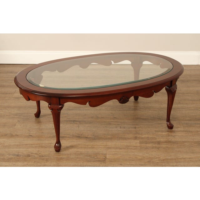 Queen Anne Style Carved Cherry Oval Glass Top Coffee Table | Chairish