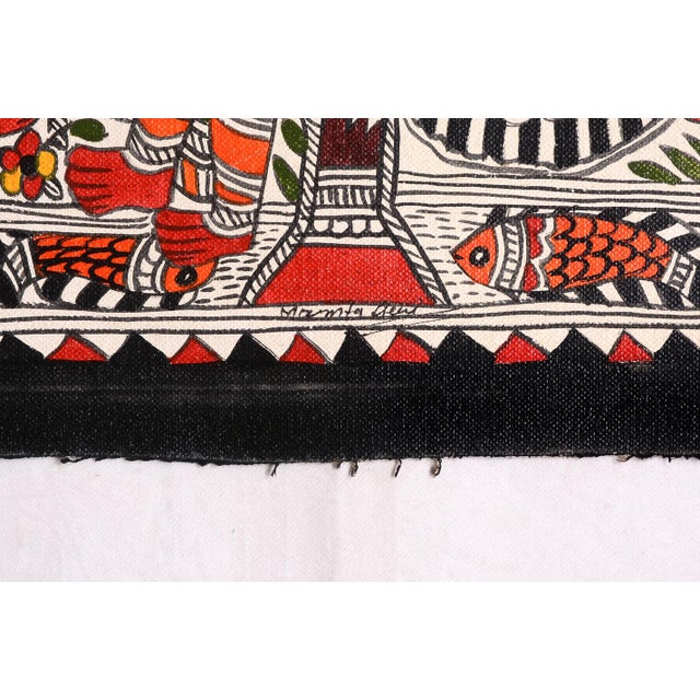 Folk Art Divine Goddess Hand-Painted Madhubani Folk Art Painting by National Award-Winning Artist Mamta Devi For Sale - Image 3 of 4