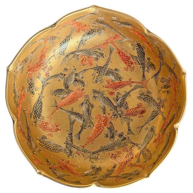19th Century Japanese Satsuma Lotus Koi Bowl on Custom Steel Mount For Sale - Image 10 of 13