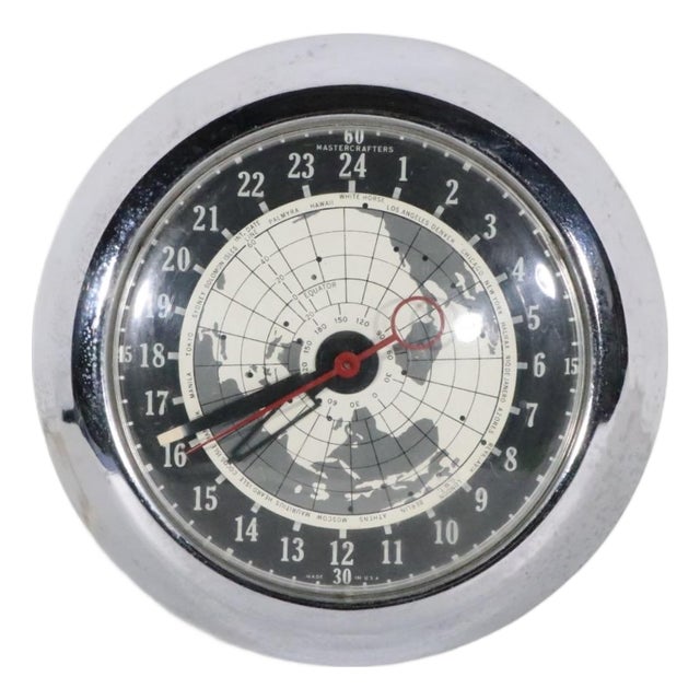 Mid Century Wall Clock by Mastercrafters Clock and Radio Company Showing Map of Globe C. 1960's For Sale