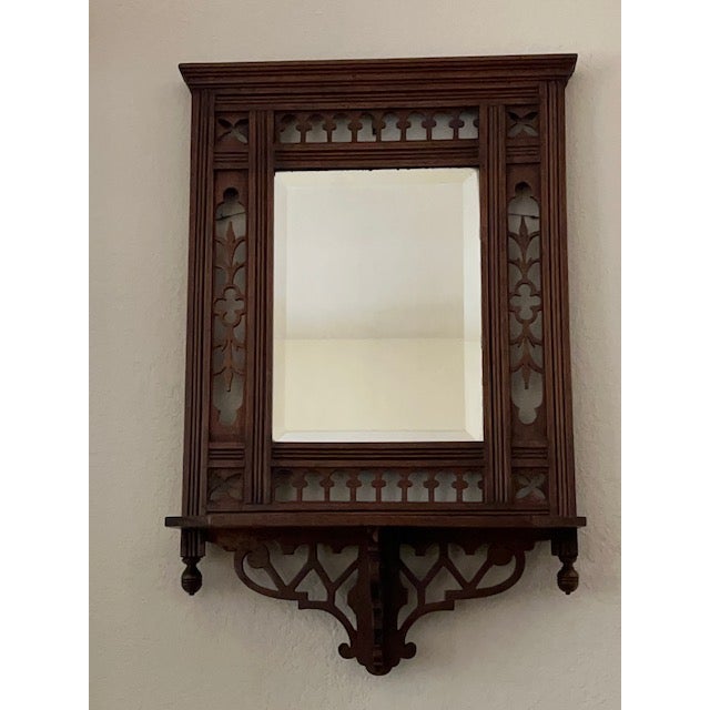 Gothic Early 20th Century Gothic Revival Wall Mirror With Original Beveled Mirror & Shelf For Sale - Image 3 of 4