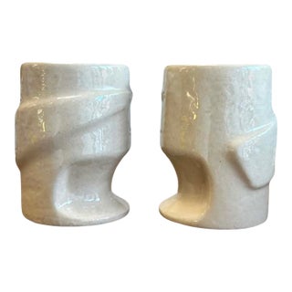 Vintage Sculptural Studio Pottery Mugs in Speckled Ivory Glaze - a Pair For Sale