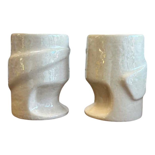Vintage Sculptural Studio Pottery Mugs in Speckled Ivory Glaze - a Pair For Sale