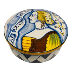 Late 20th Century Palazzo Brugiotti Collection Hand Painted Majolica Round Lidded Box “Angela”