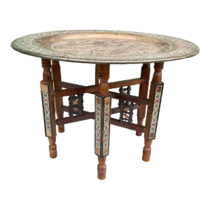Antique Moroccan-Middle Eastern Brass and Wood Tea Tray Table- 2 Pieces