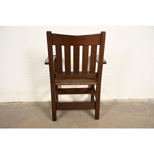 Gustav Stickley Antique Mission Oak Arts & Crafts Armchair With Rush Seat, Circa 1910 For Sale - Image 12 of 14