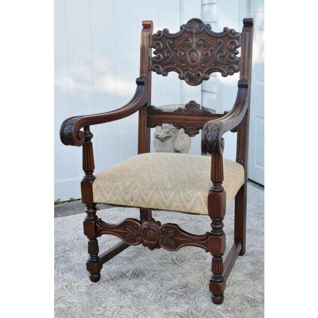 Antique Carved Walnut Tudor Style Ornate Arm Chair For Sale - Image 4 of 12