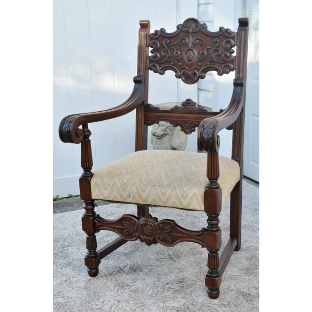 Carved Walnut Tudor Armchair Jacobean Throne Chair Circa 1900 Ornate For Sale - Image 4 of 12