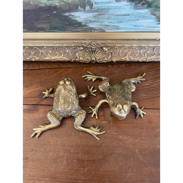 Pair of Vintage Brass Toned Crouching Frog Sculptures With Open Mouth and Textured Detailing.. For Sale - Image 4 of 10