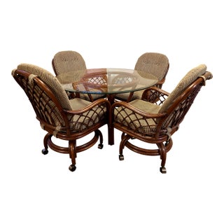 Classic Rattan, Inc. Grand Isle 6-Piece Dining Set With Glass Top, Swivel-Rocker Chairs With Casters For Sale