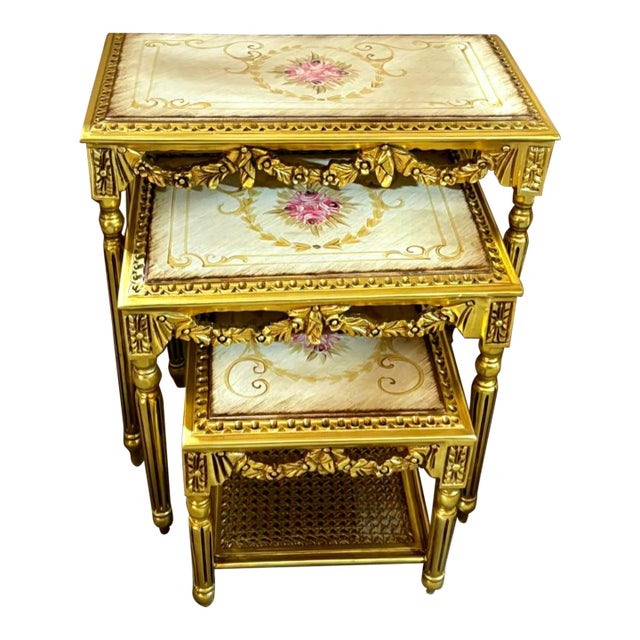 French Style Nesting Tables – Set of 3 With Glass Tops, Gold Frames & Floral Center Detail For Sale